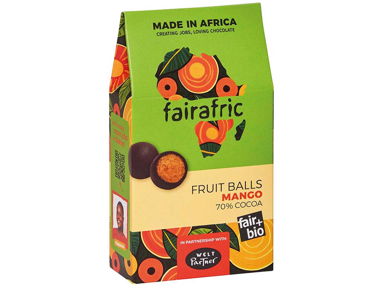 fairafric Vegane Bio-Mango-Fruchtkugeln "Fruit Balls" mit Zartbitterschokolade, 100 g