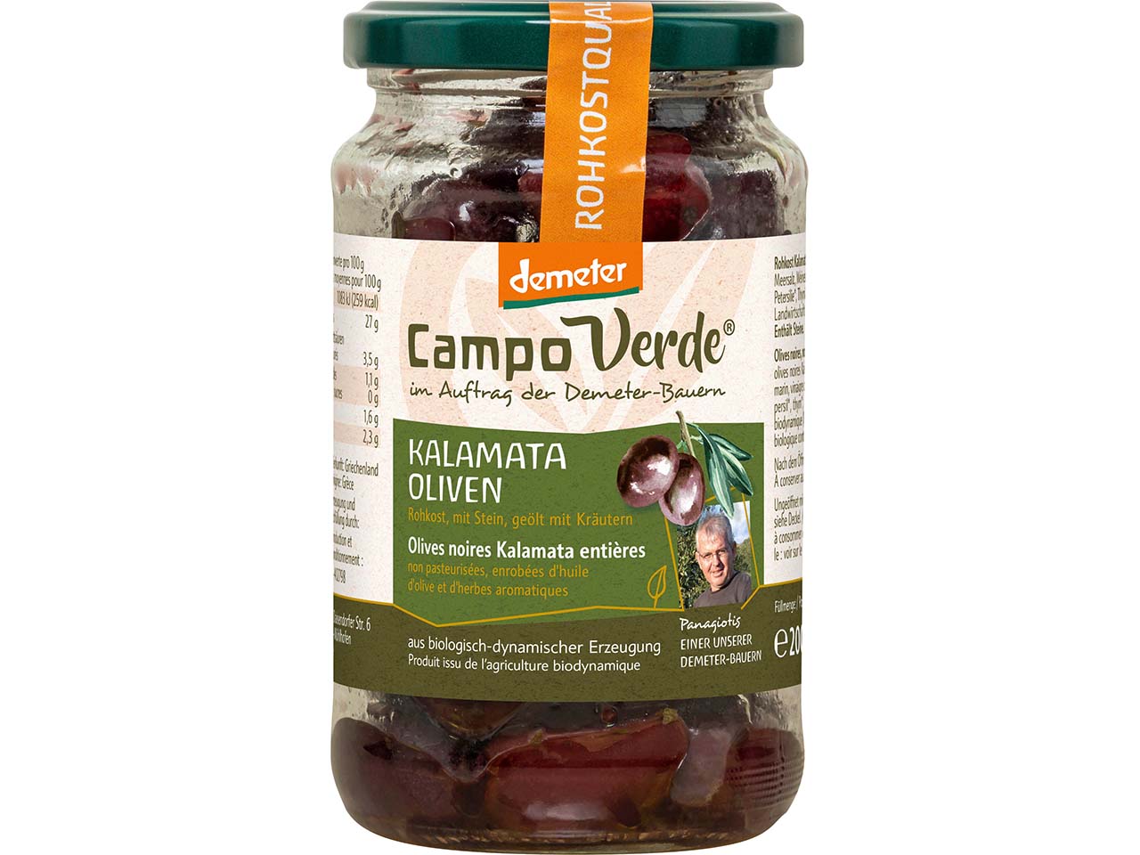 Campo Verde Bio-Kalamata-Oliven mit Stein, geölt mit Kräutern, 170 g