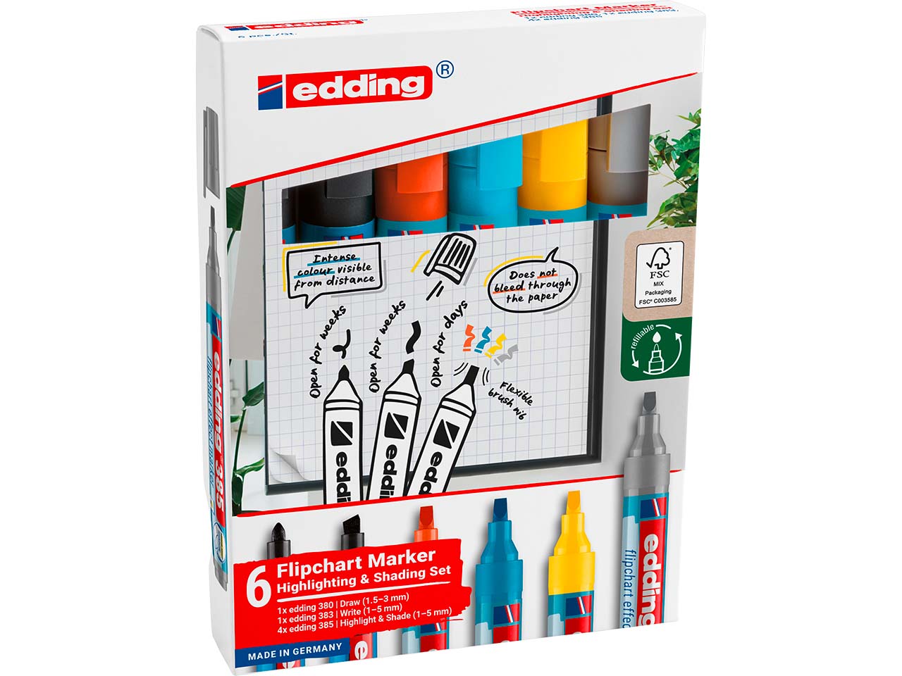 edding Set 6-teilig Flipchart Effektmarker "385" + Shading (Flipchartmarker 380)