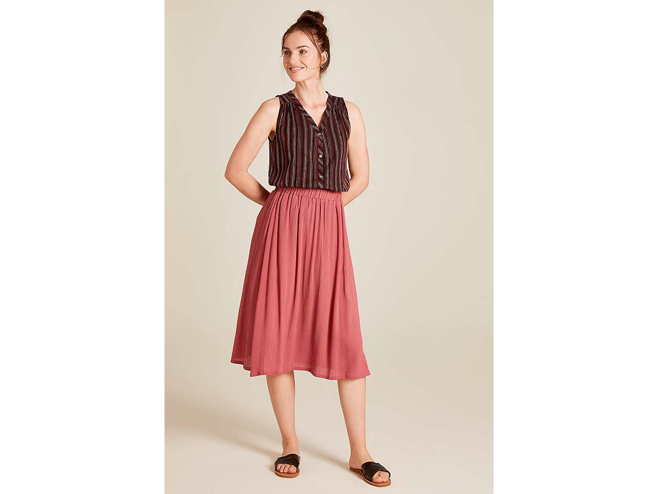 tranquillo Damen-Midi-Rock aus Crinkle-Viskose, mit Taschen, rose wine, Gr. 36