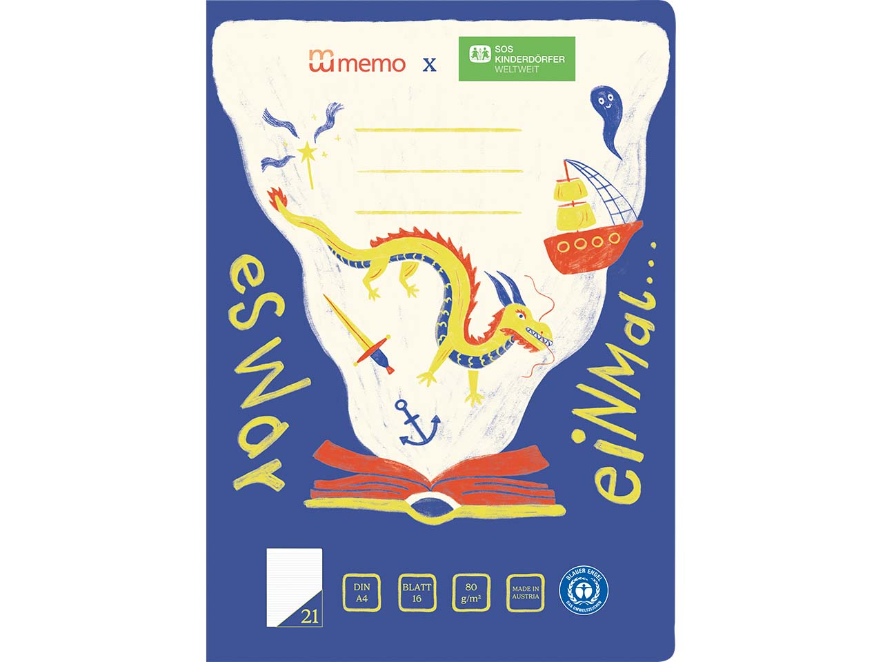 memo x SOS-Kinderdörfer weltweit Schulheft DIN A4, 16 Blatt, Lin. 21