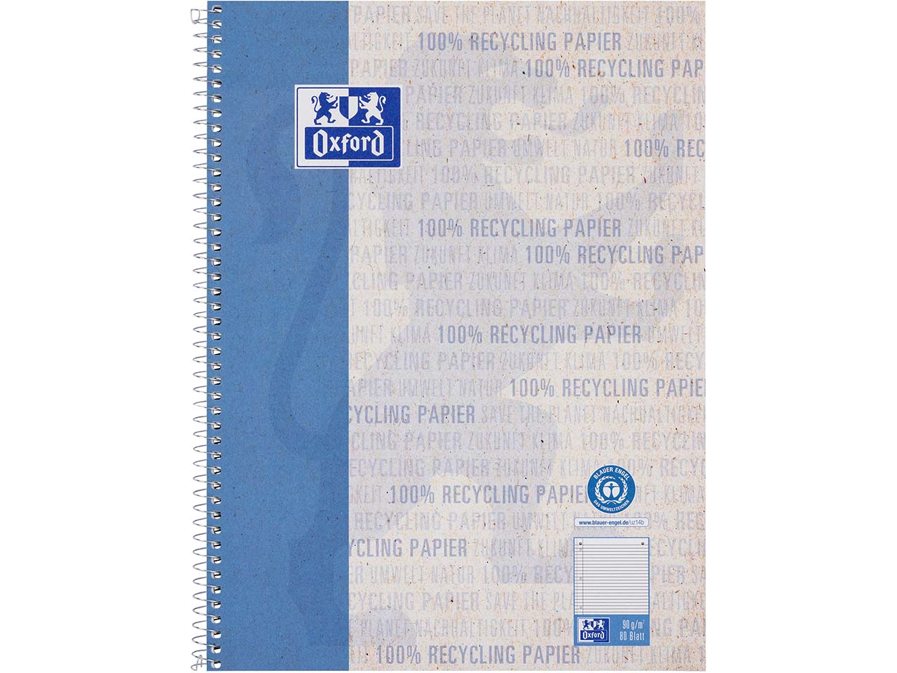OXFORD Recycling Collegeblock A4+, 80 Blatt, Liniert Rand links, 90 g/m²