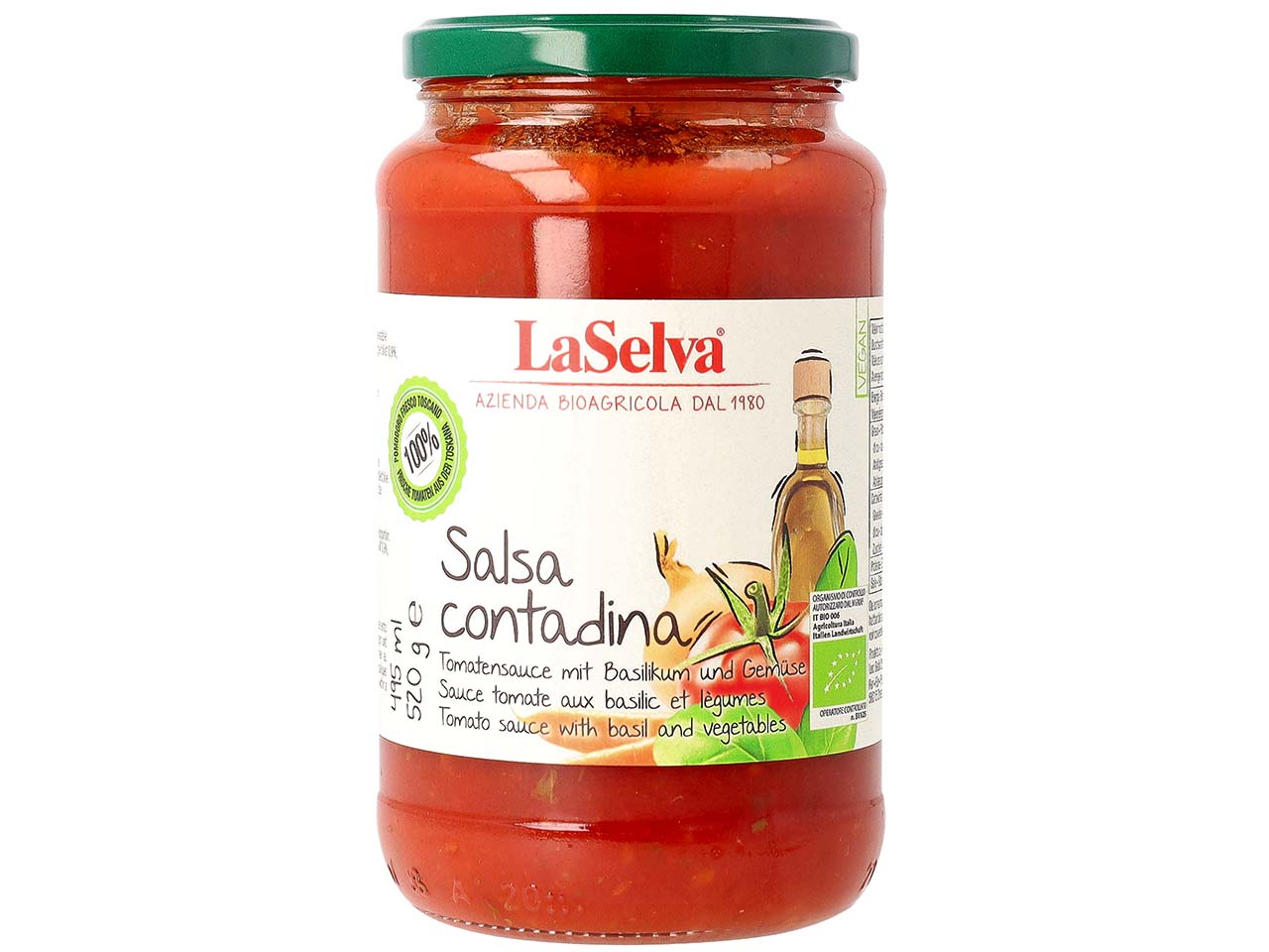 LaSelva Bio-Tomatensauce mit Basilikum und Gemüse, 520 g