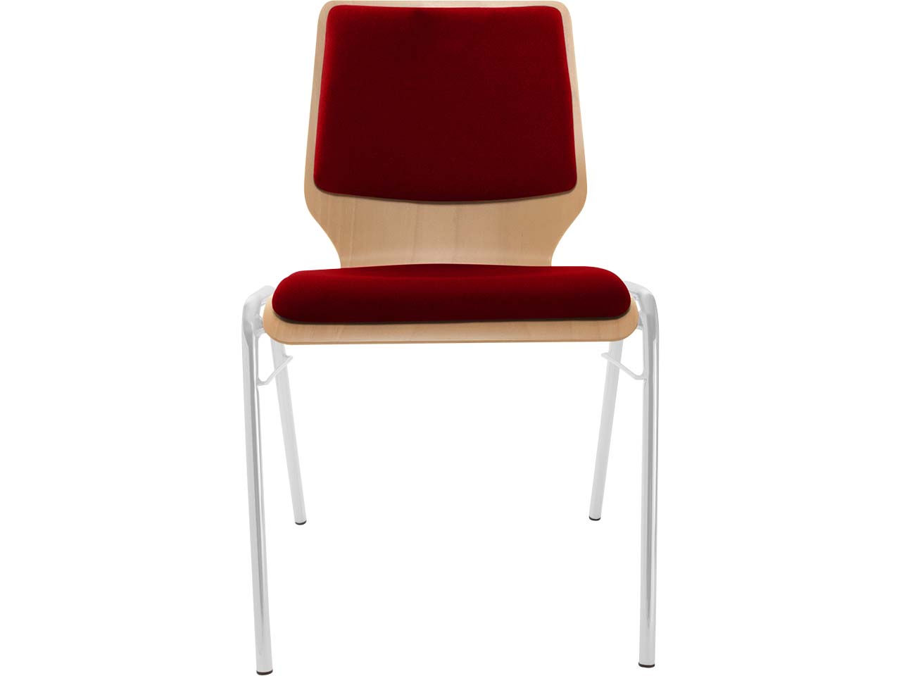 Besucherstuhl "A2" Buche lackiert, Gestell silber, Steg, Sitz- und Rückenpolster rot