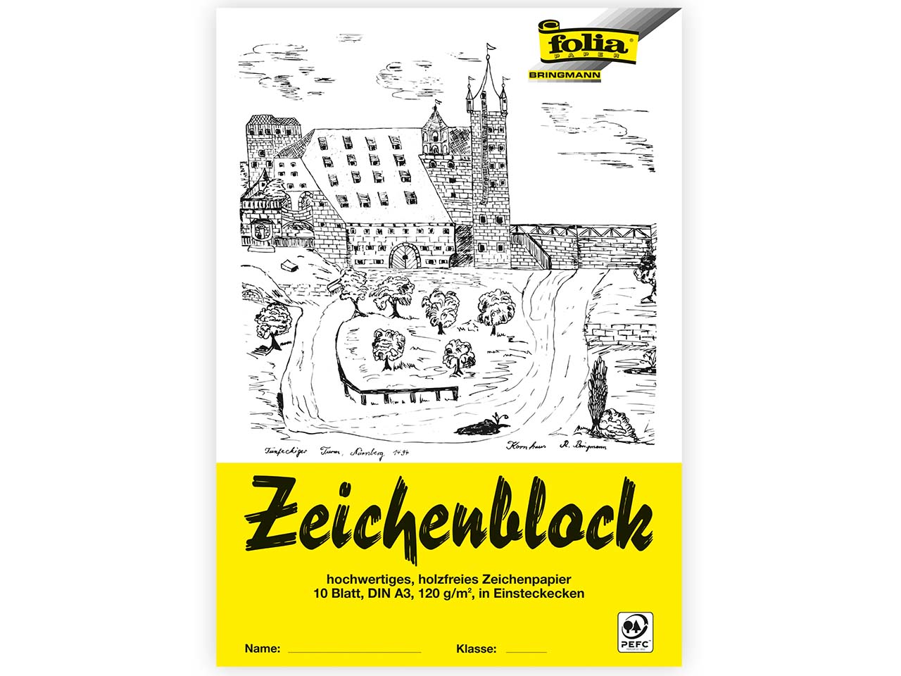 folia Zeichenblock mit Leinenecken 120g/m², DIN A3, 10 Blatt