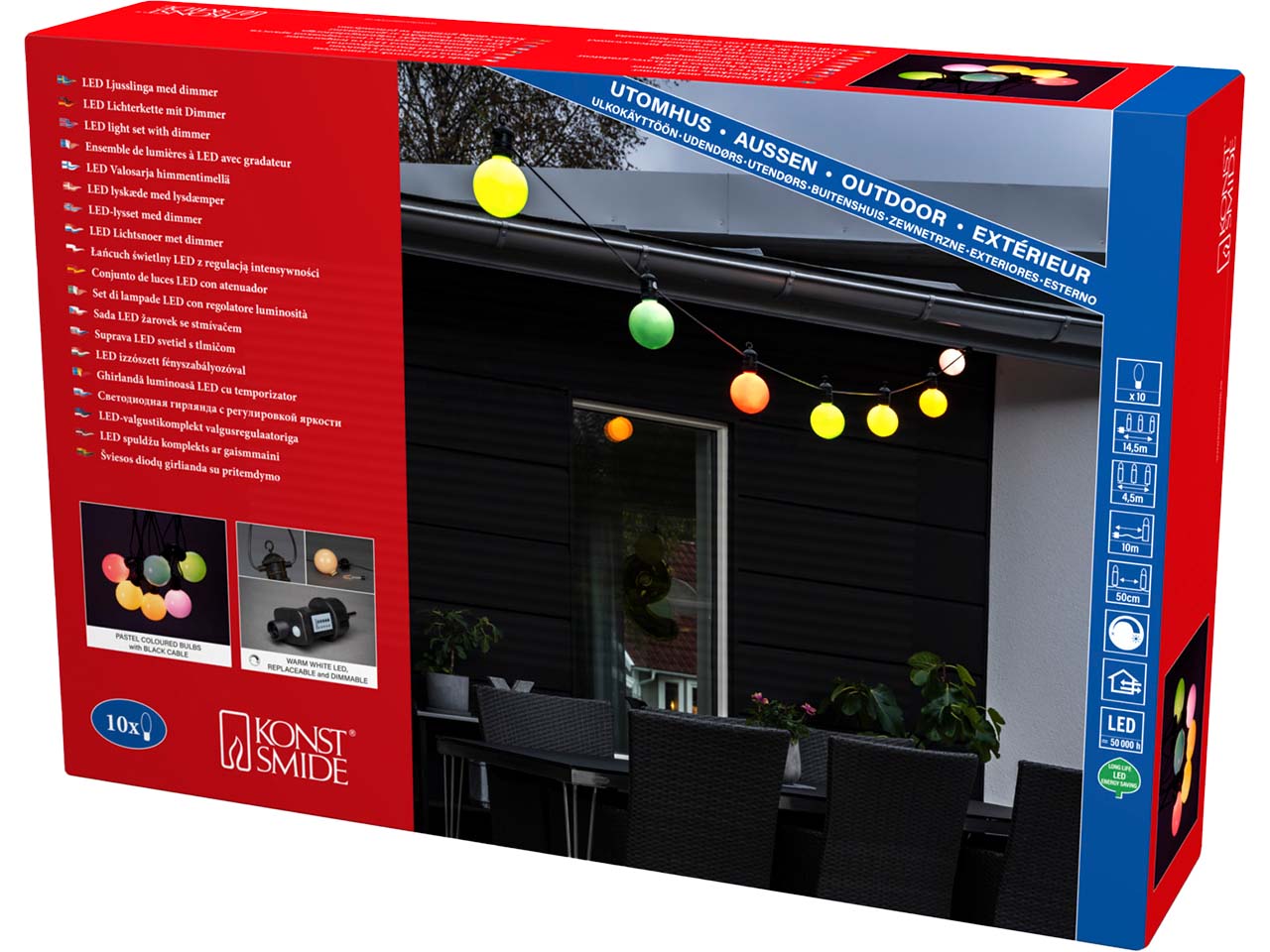 Konstsmide LED Lichterkette Party, mit Dimmer, 10 Birnen pastell, 10 Dioden warmweiß