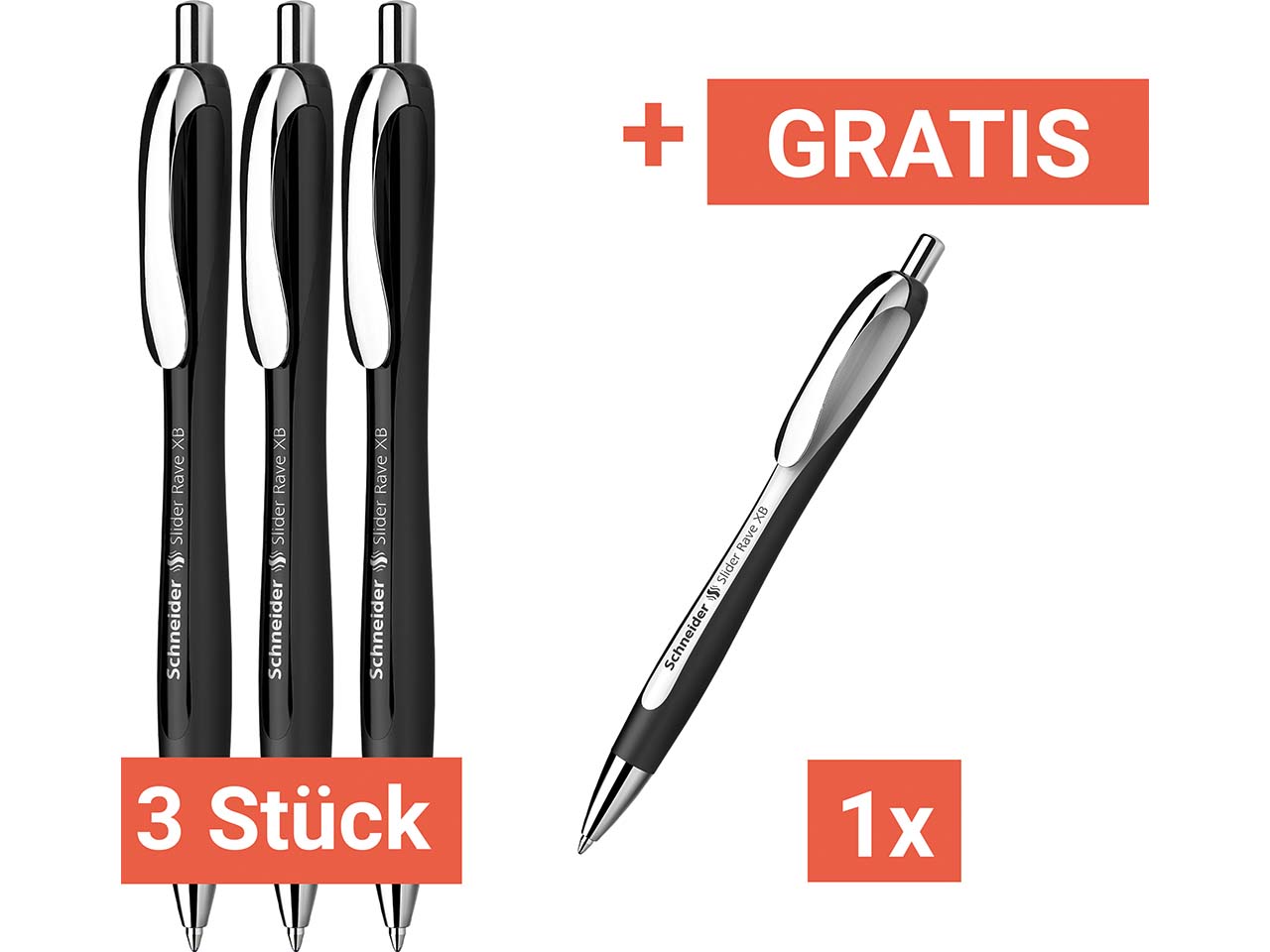 Schneider Kugelschreiber 'Slider Rave' schwarz, 3+1 Gratis