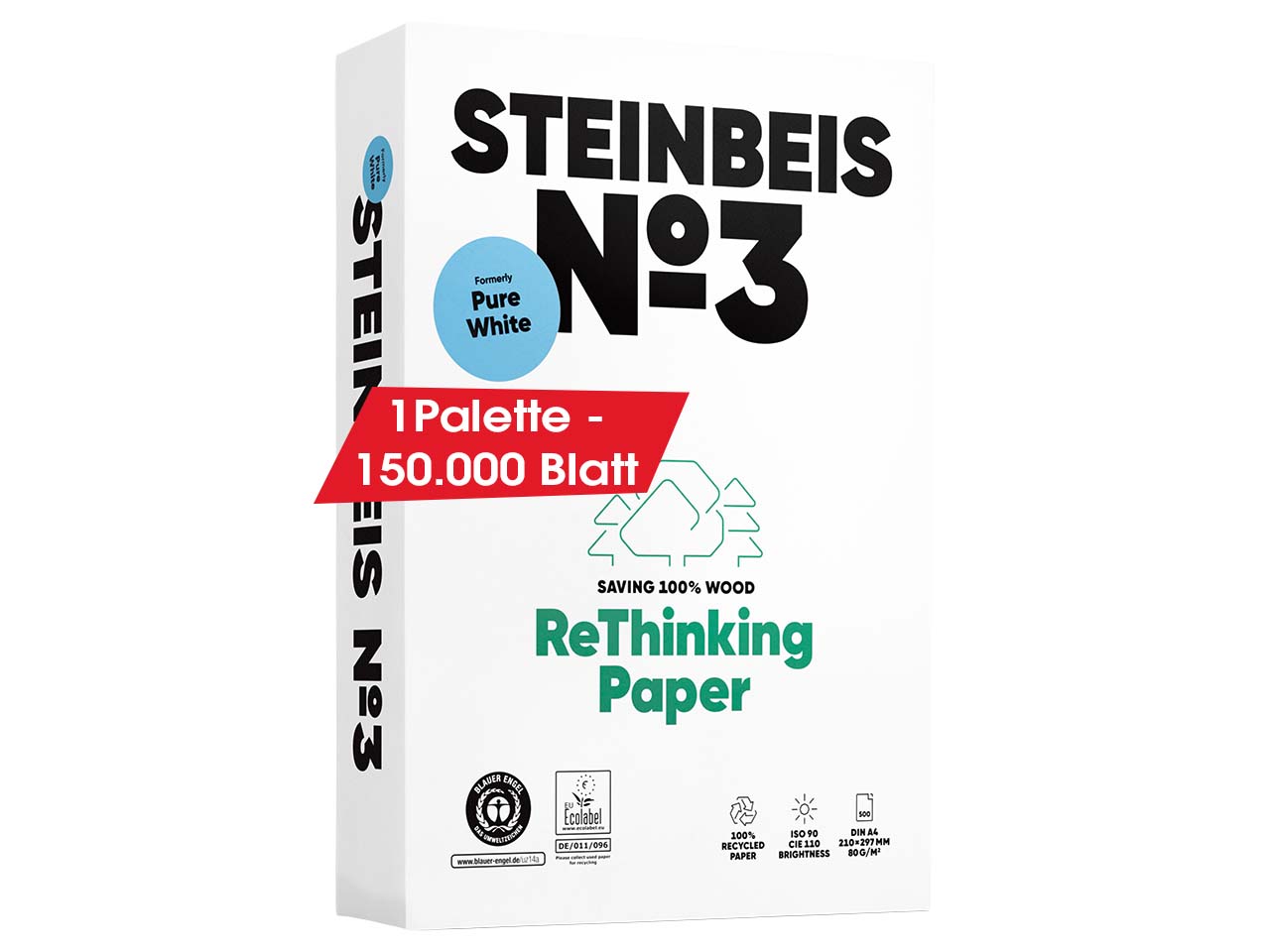 300 x 500 Blatt Steinbeis Recycling-Kopierpapier "PureWhite" DIN A4