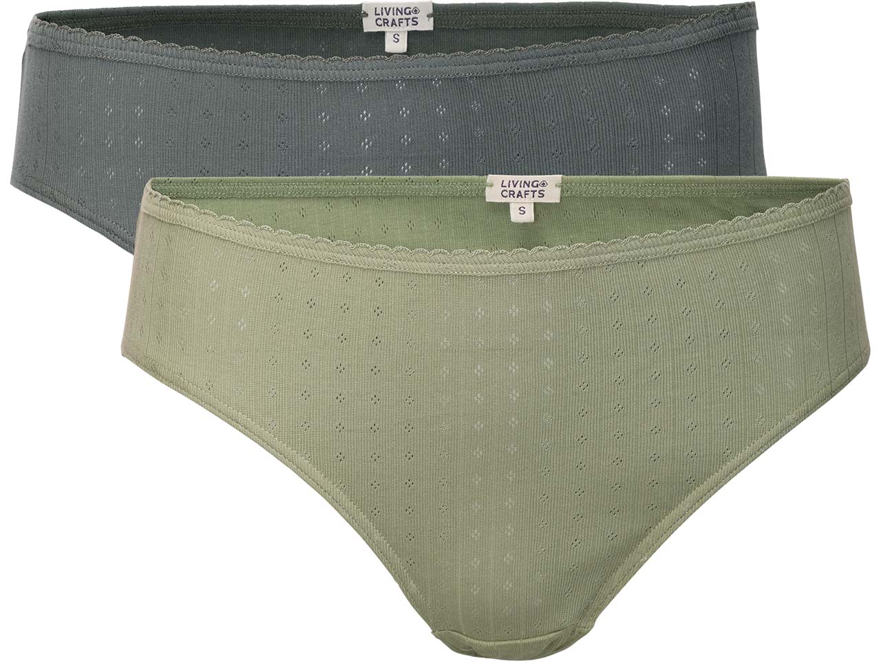 Living Crafts 2er-Pack Bio-Damen-Slips 'RYLIE' mit Ajourmuster, fog green/khaki, Gr. S