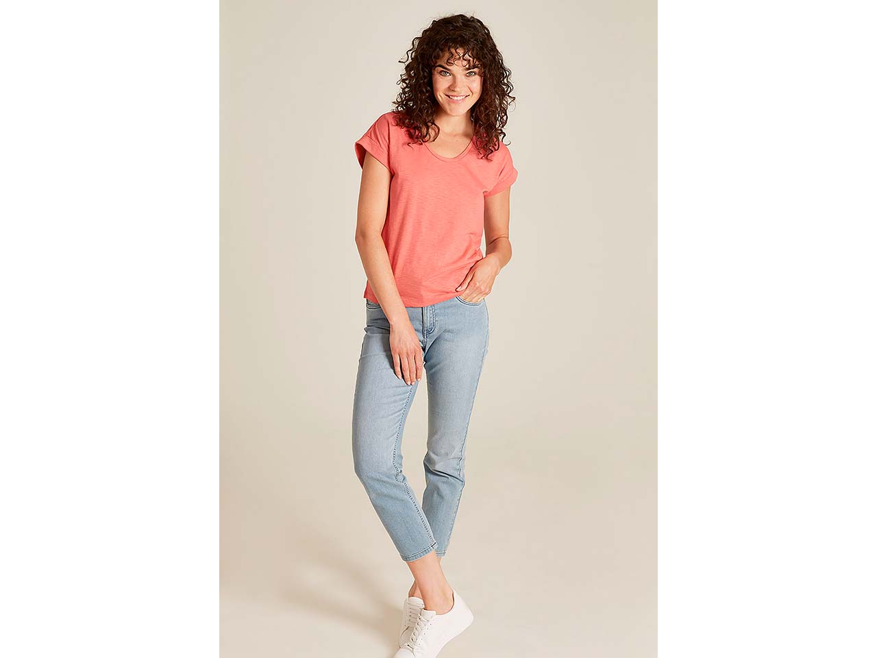 tranquillo Bio-Damen-T-Shirt mit Roll-Up-Ärmel, coral, Gr. S
