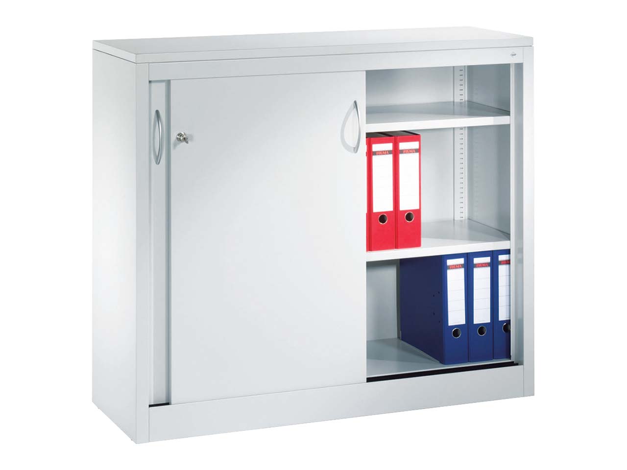 Schiebetürenschrank aus Stahl 120 cm breit lichtgrau  T 40  H 100