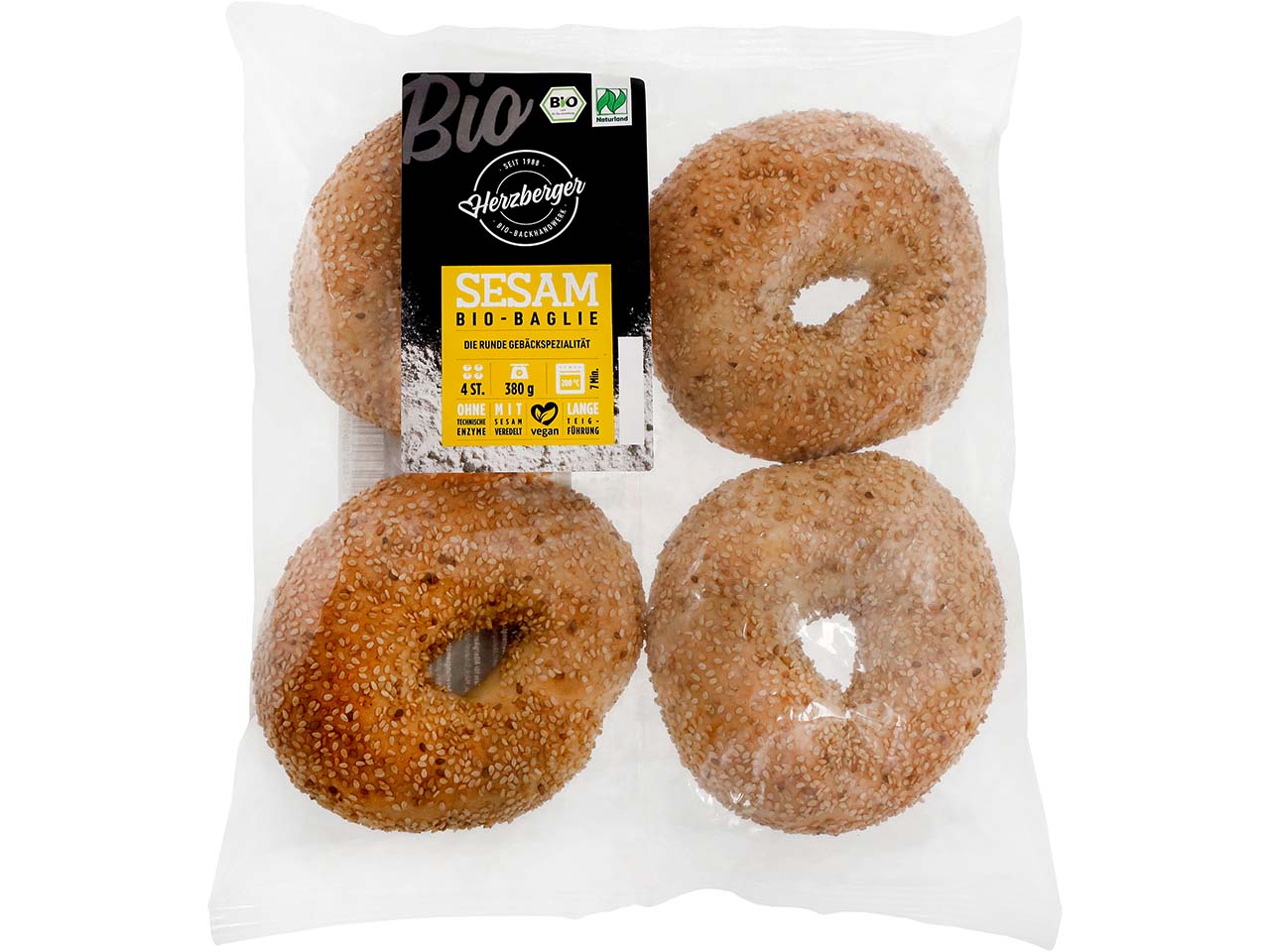 Herzberger Bio-Bagel "Baglie Sesam", zum Aufbacken, 4er-Pack, 380 g