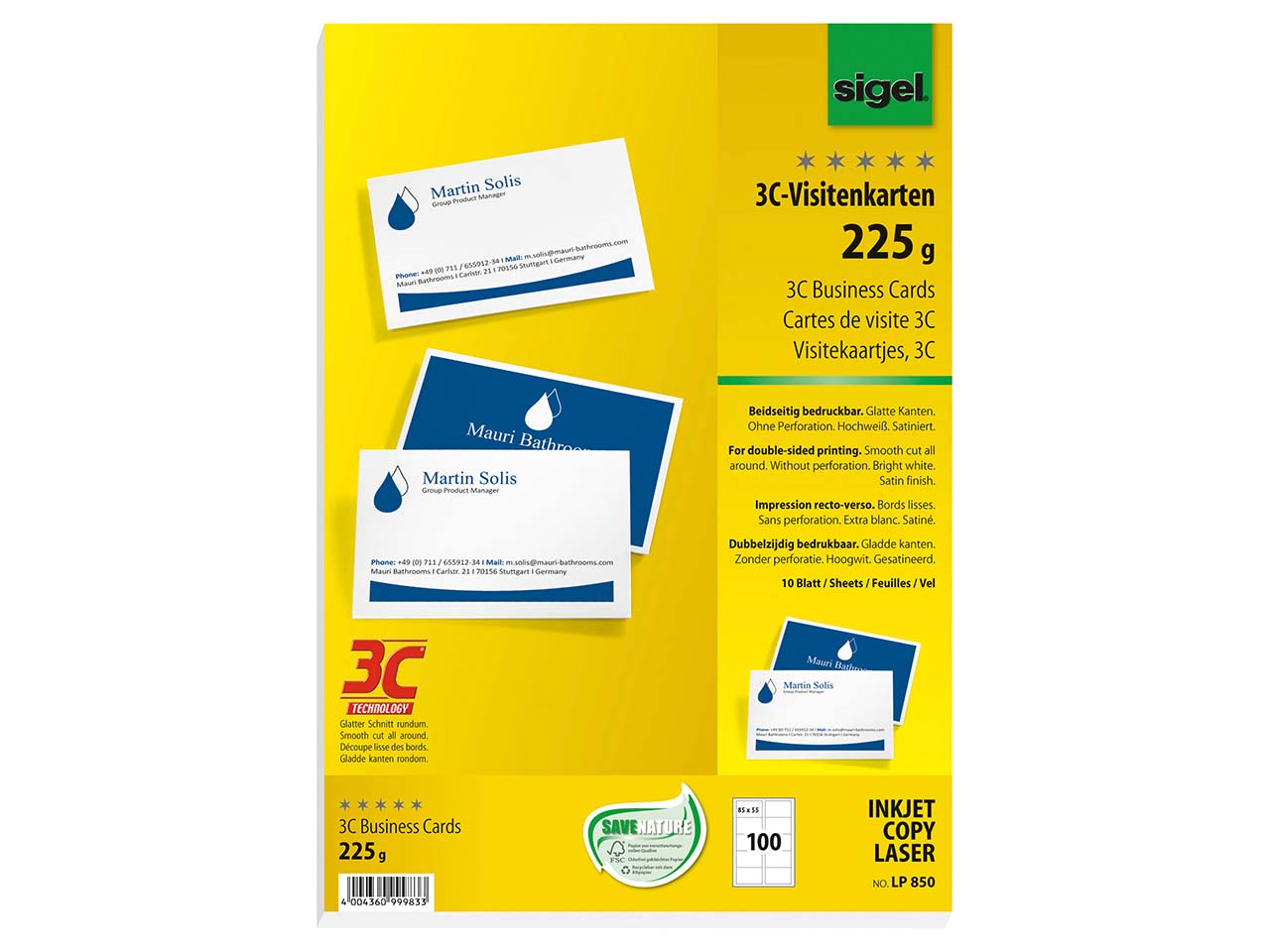 100 Sigel Visitenkarten 3C weiß, 225g, beiseitig bedruckbar