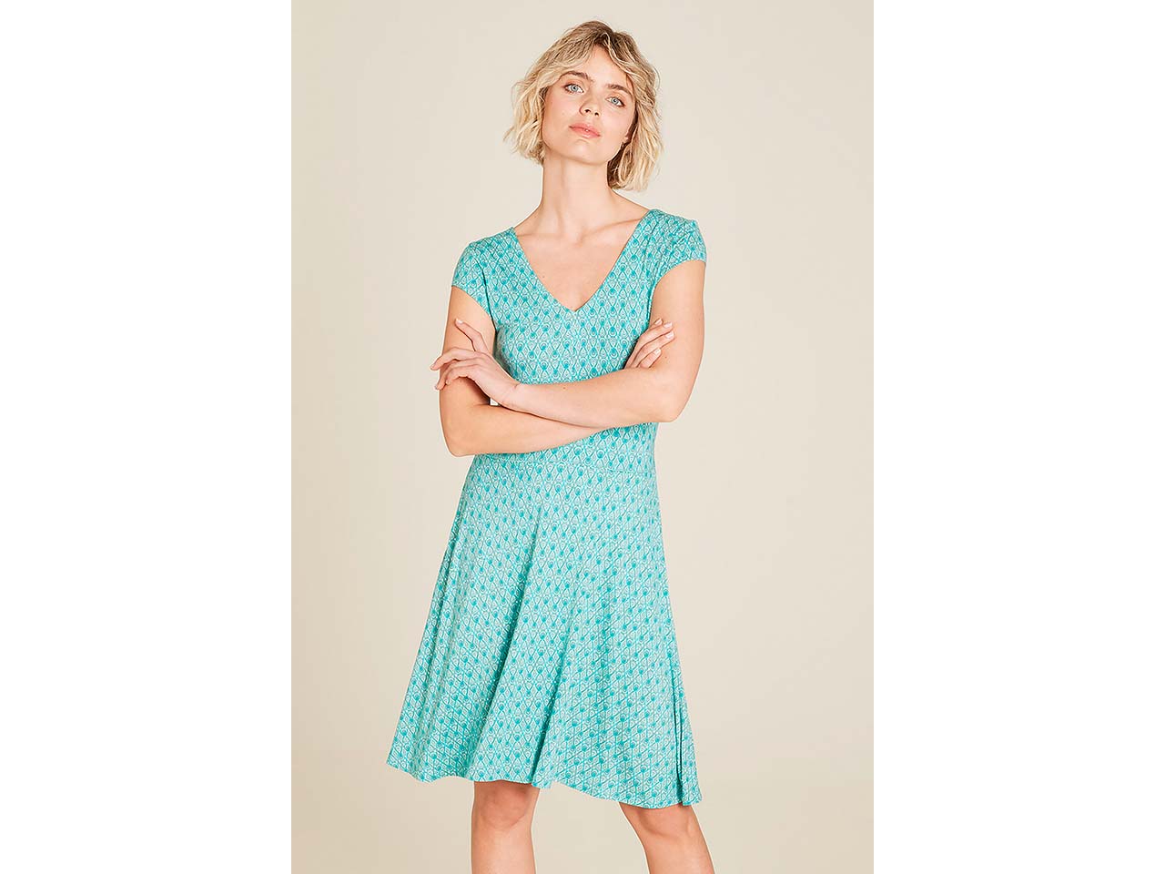 tranquillo Damen-Mini-Kleid mit weitgeschnittenem Rockteil und Taschen, lagoon, Gr. S