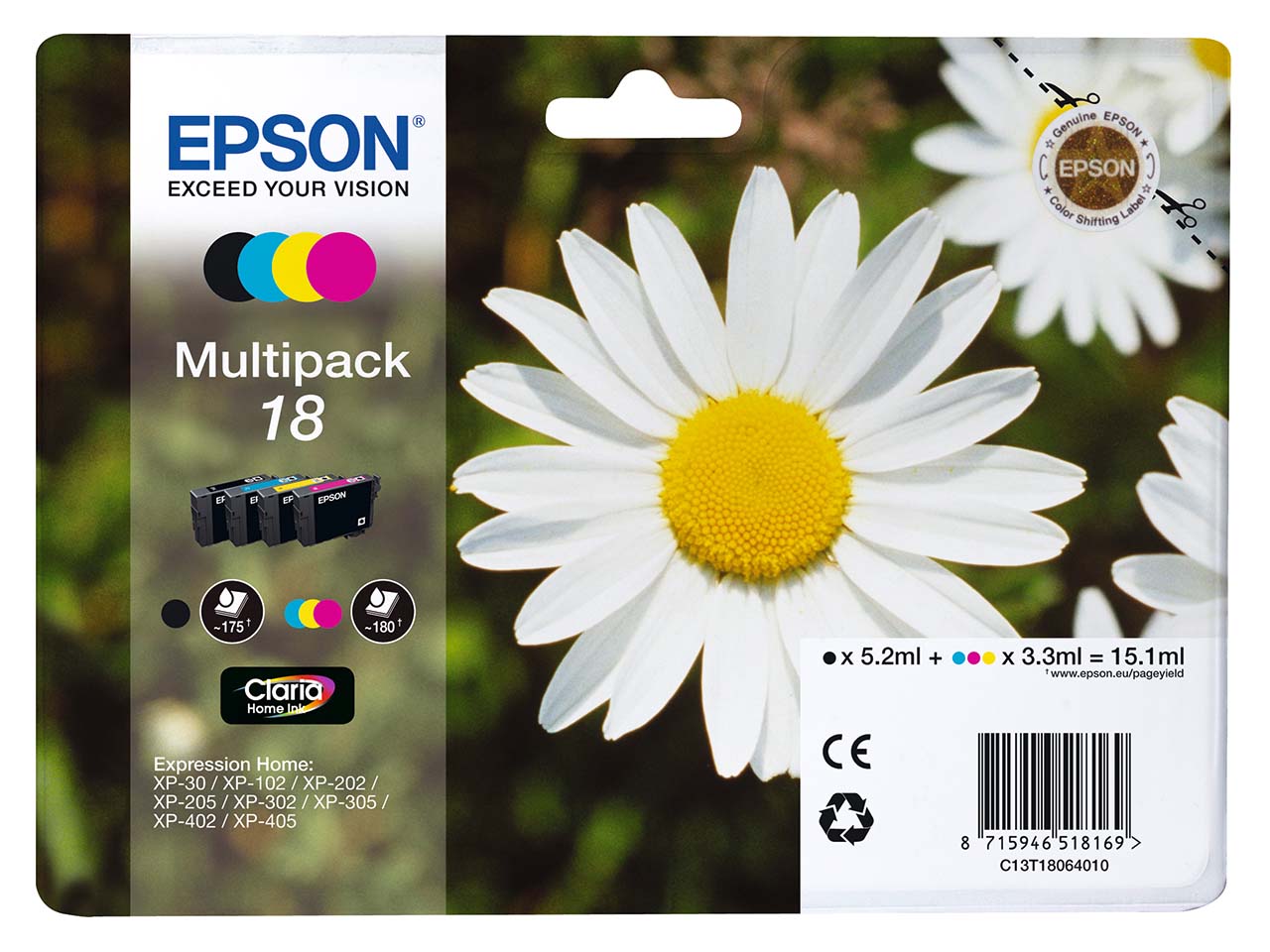 Epson Tintenpatronen T1806/ 18 schwarz, cyan, magenta, gelb, 4er-Set