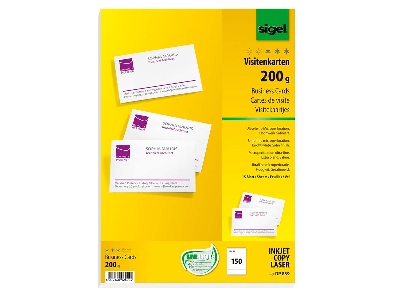 150 Sigel Visitenkarten MP weiß