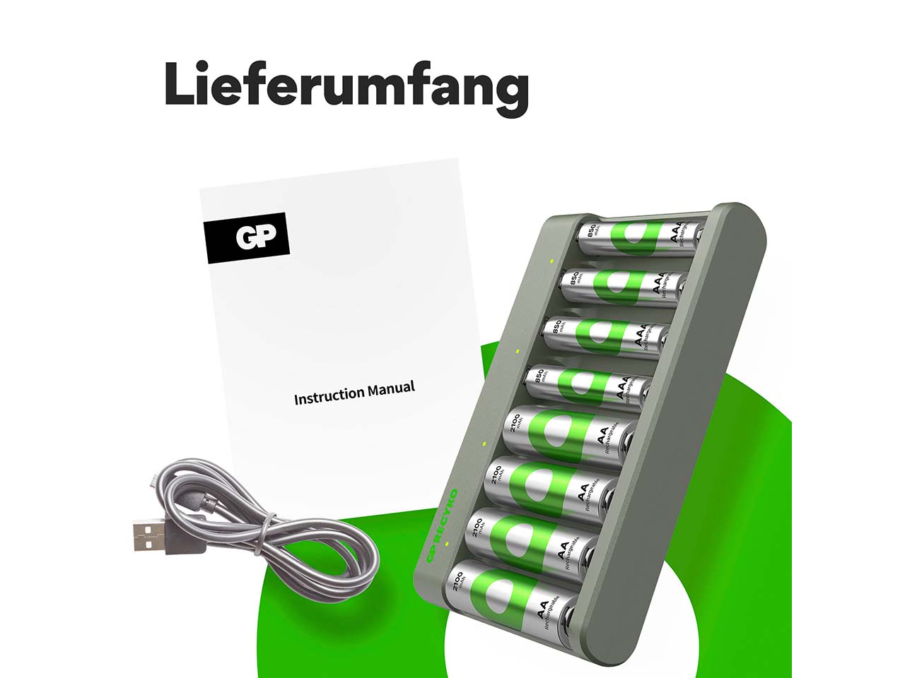GP Battery USB Ladegerät "E821U" inkl. 4 x AA mit je 2.000 mAh und 4 x AAA mit je 850 mAh