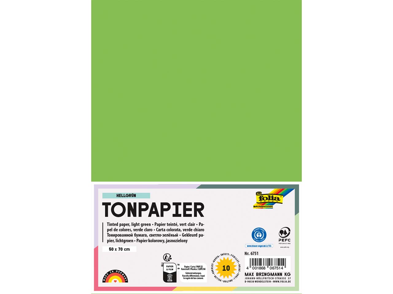 folia Tonpapier, 130 g/m², 50 x 70 cm, 10 Bogen, hellgrün
