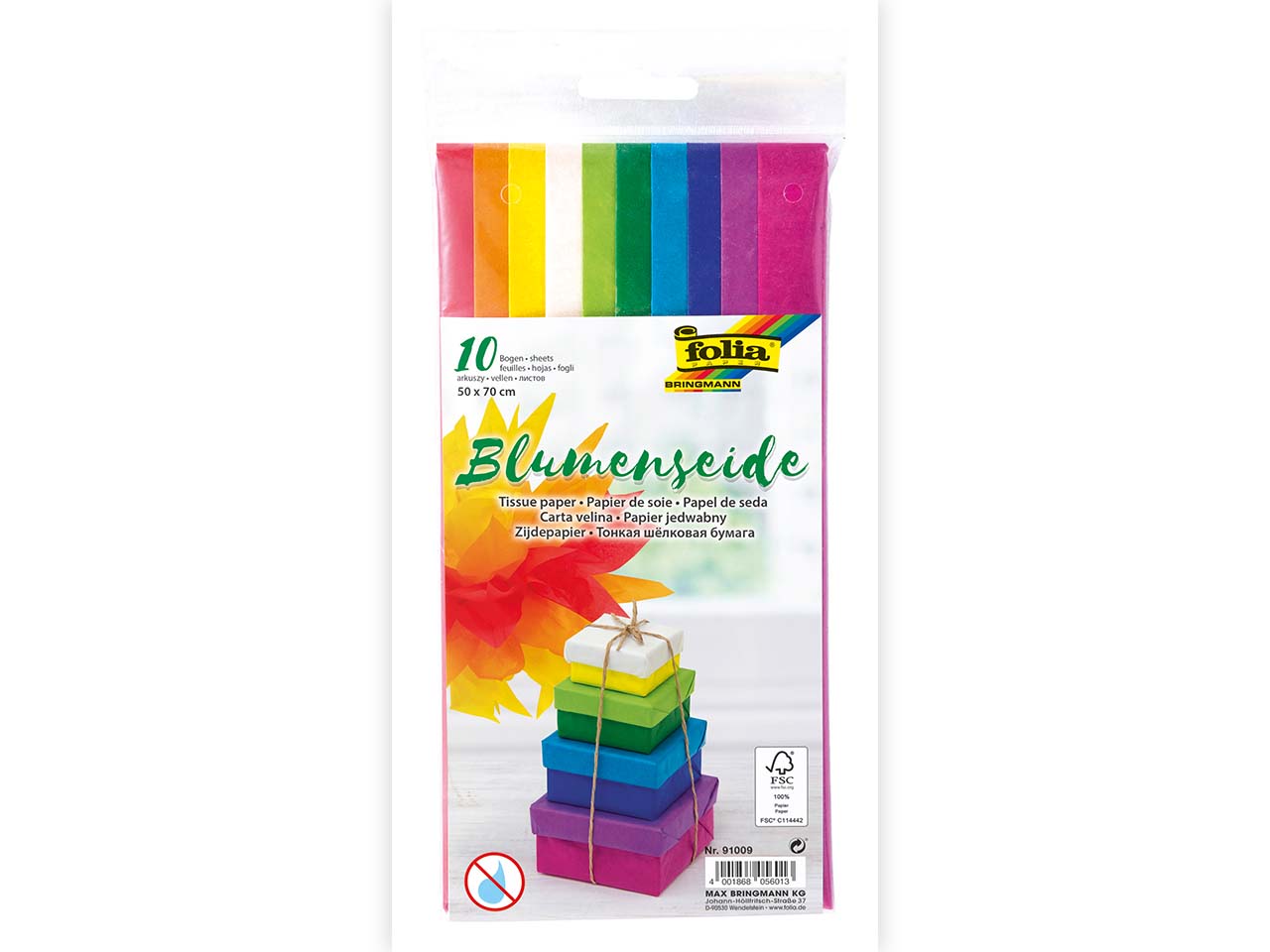 folia Blumenseide gefalzt, 50 x 70 cm, sortierte Farben, 10 Bogen