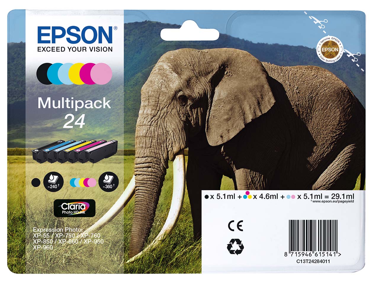 Epson Tintenpatronen T2428 schwarz, cyan, magenta, gelb, hellcyan, hellmagenta, 6-er Set
