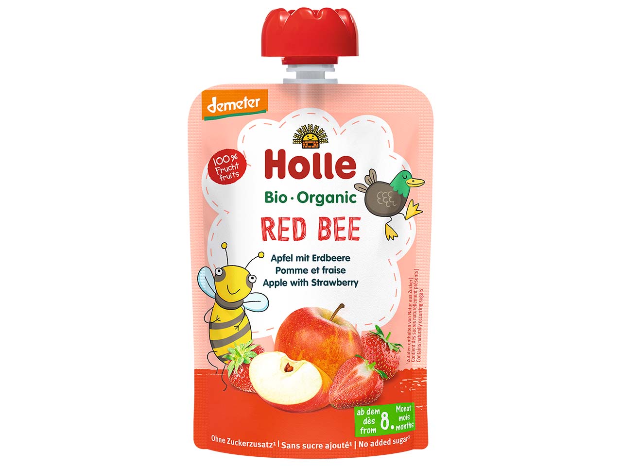 Holle Quetschie Bio-Fruchtmus "Apfel, Erdbeere", Red Bee, ab 8. Monat, 100 g