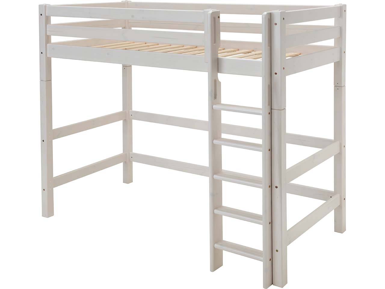 Hochbett "Infanskids" hoch, 90x200 cm, Höhe 180 cm, Leiter gerade, Kiefer weiß