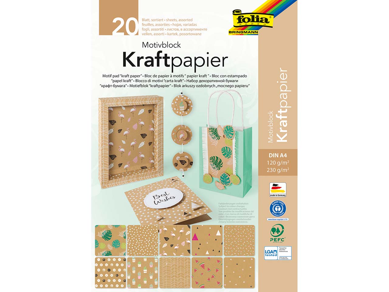 folia Motivblock Kraftpapier, DIN A4, 20 Blatt sortiert