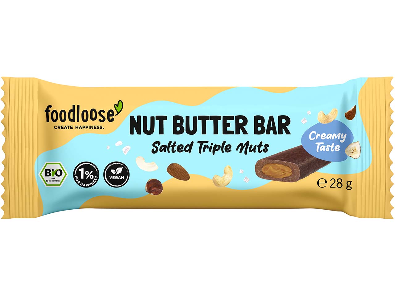 foodloose Bio-Dattelriegel mit "Salted Triple Nuts"-Füllung, 28 g