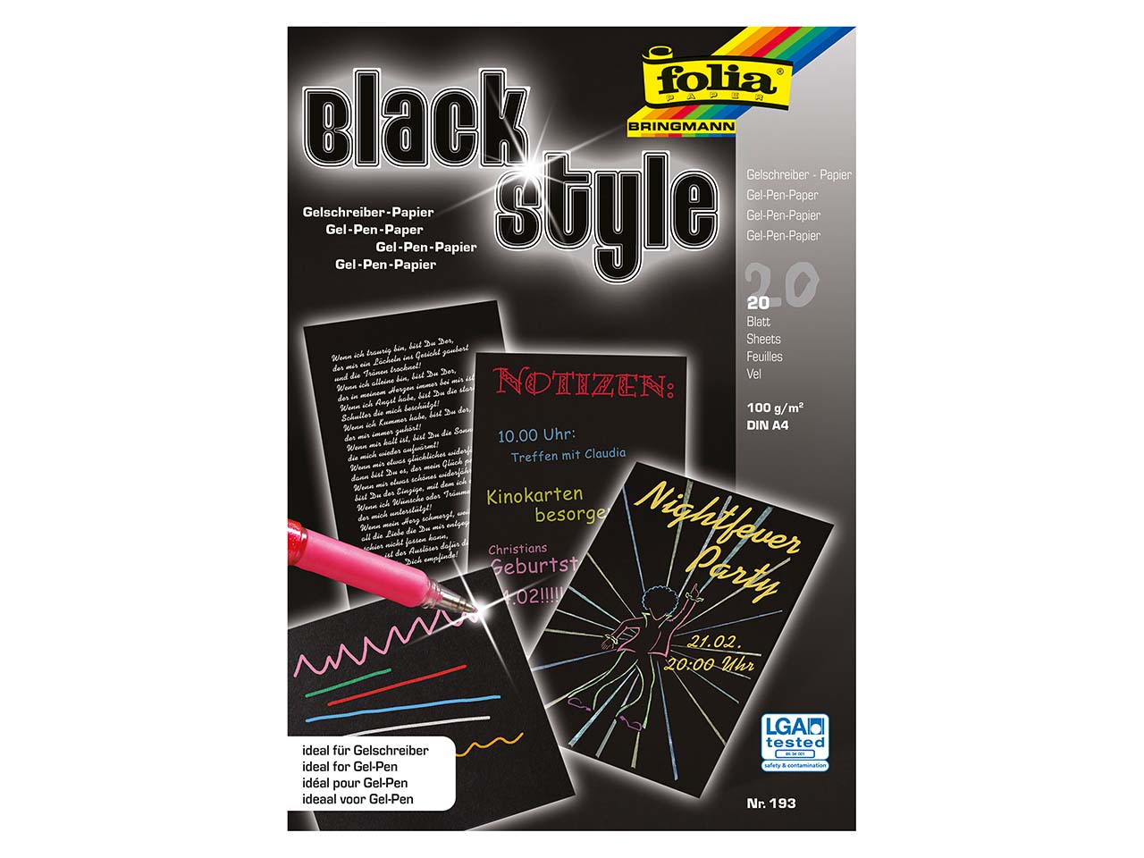 folia "Black Style" Gelschreiber Papier, DIN A4, 100 g/m², 20 Blatt