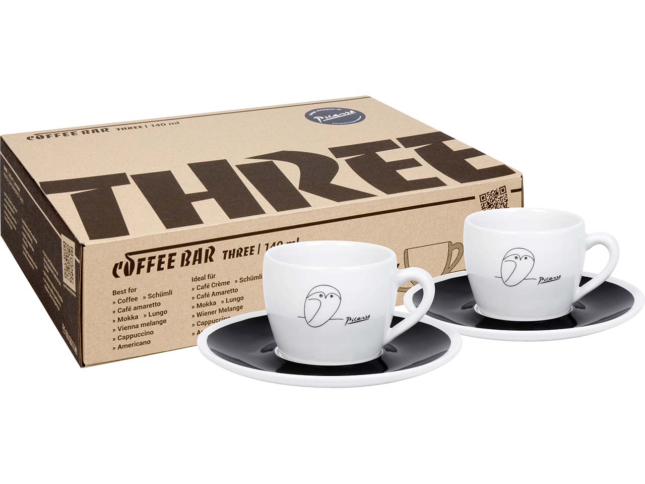 Könitz Kaffeetassen 2er-Pack "CB THREE Picasso Le Chouette" mit Untertassen, Vol.: 140 ml