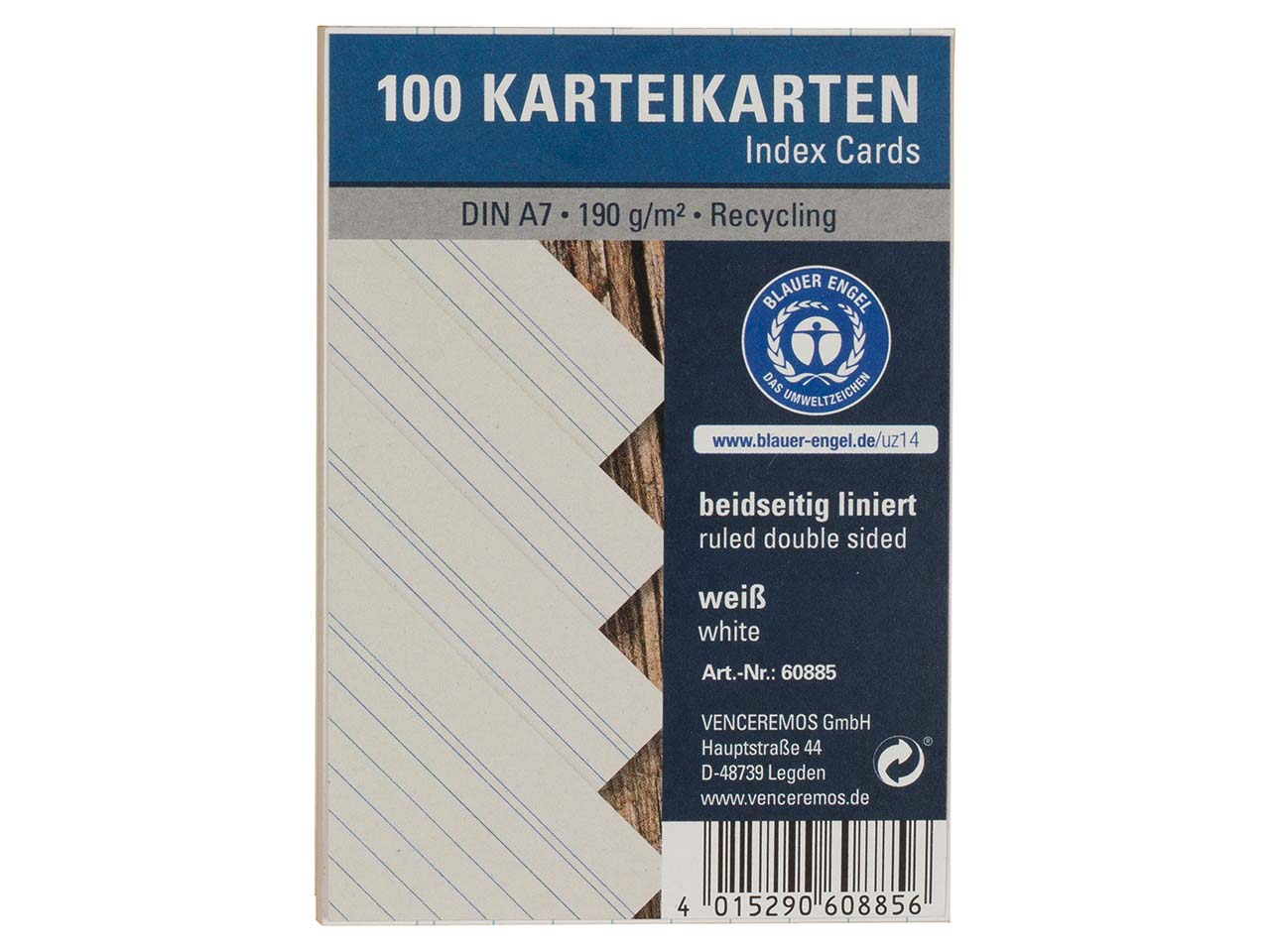 100 Karteikarten aus Recyclingkarton 190 g/m² DIN A7, weiß