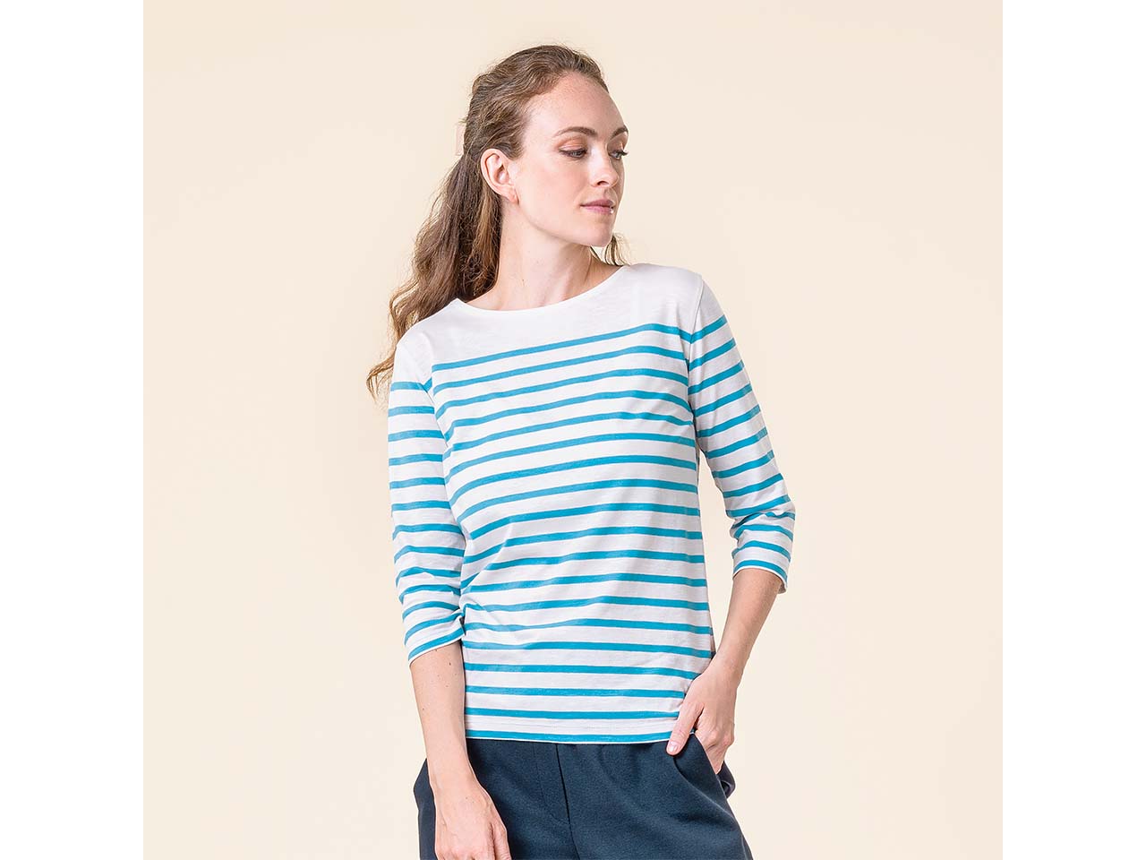 Living Crafts Bio-Damen-Shirt "TUANA" mit 3/4-Ärmel, white/lazy blue, Gr. S