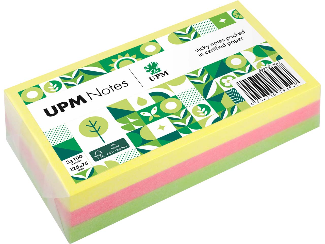 UPM Super Sticky Haftnotizen "Brillantmix" 125 x 75 mm, 3 Blöcke, farbig sortiert