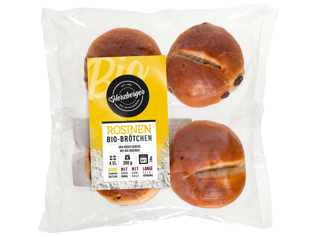 Herzberger Bio-Rosinenbrötchen zum Aufbacken, 4er-Pack, 280 g