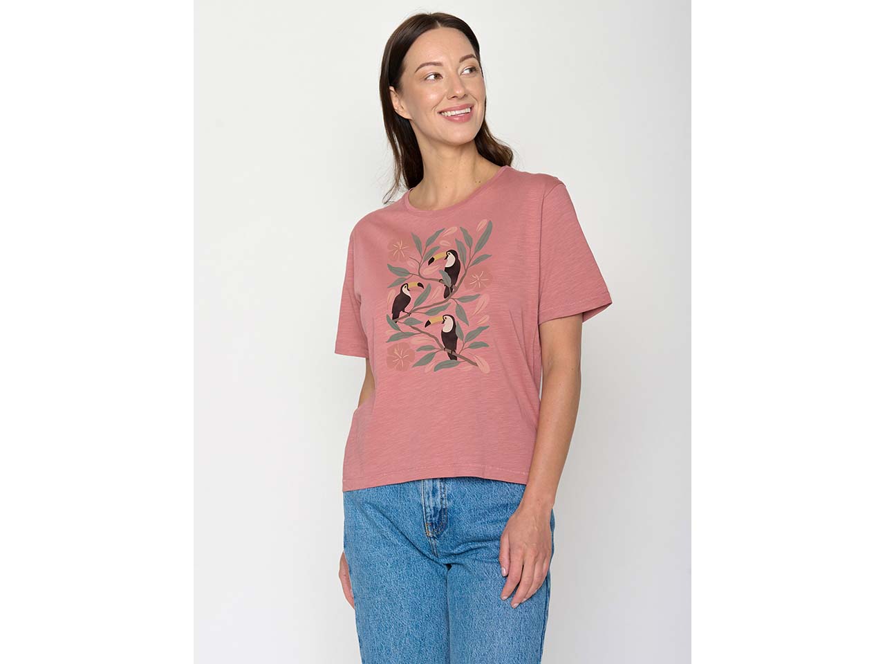 GREENBOMB Bio-Damen-T-Shirt "Tucan Flower" weit geschnittten, dark rose, Gr. S