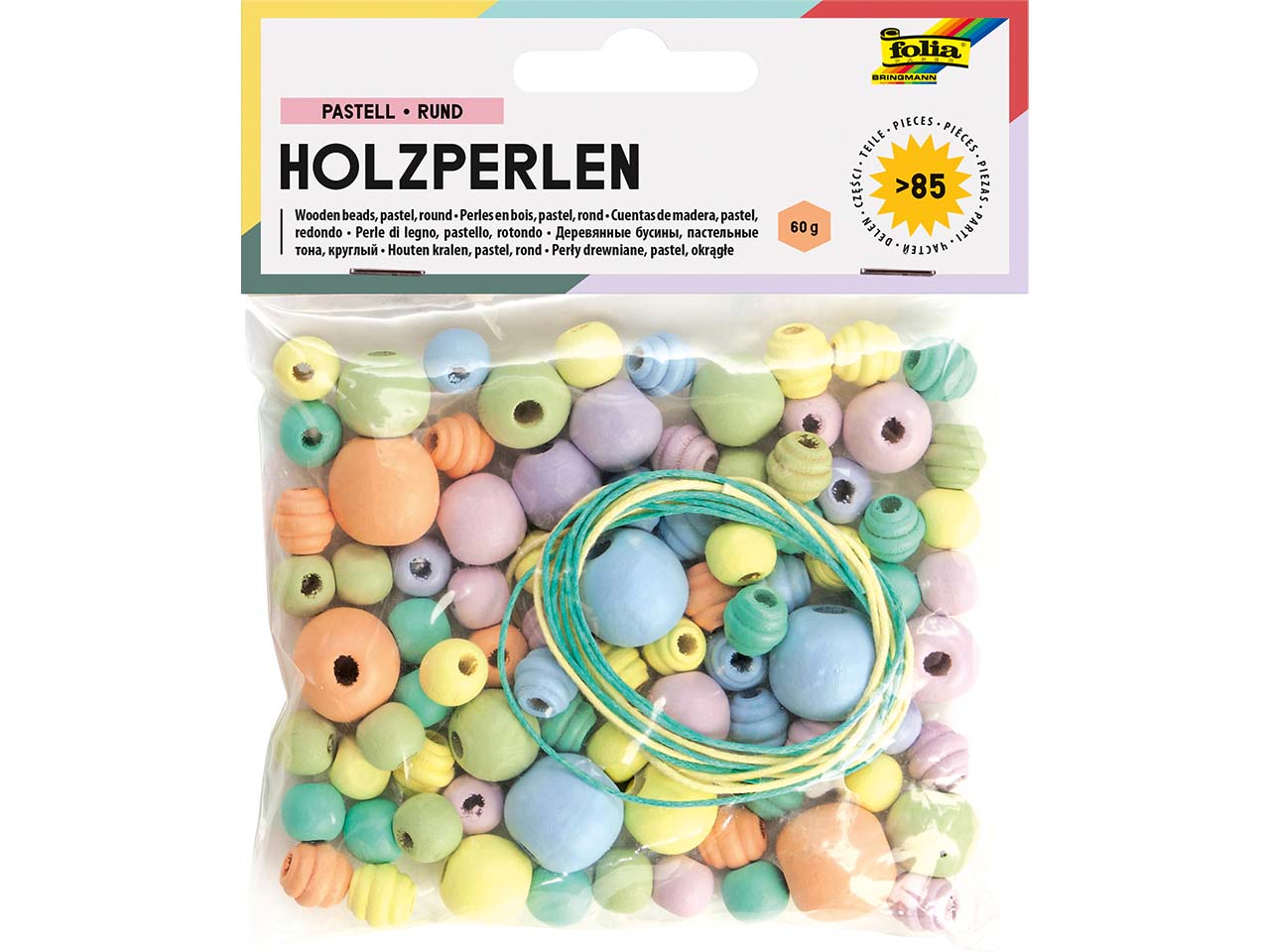folia Holzperlen Pastell rund, 84 Stk.