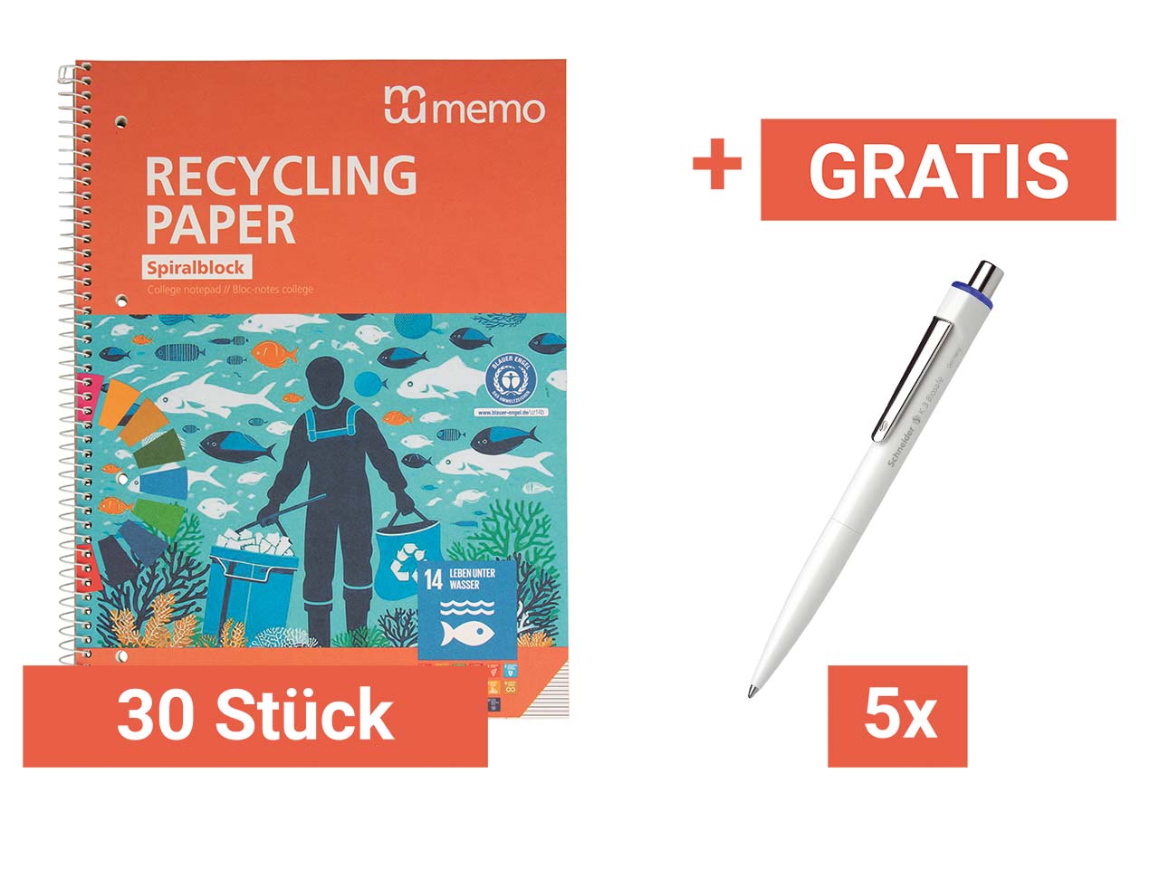 30 Stk. memo Spiralo A4 liniert 80 Blatt RC-plus+Gratis 5 Stk. Schneider 'K3 Biosafe' blau