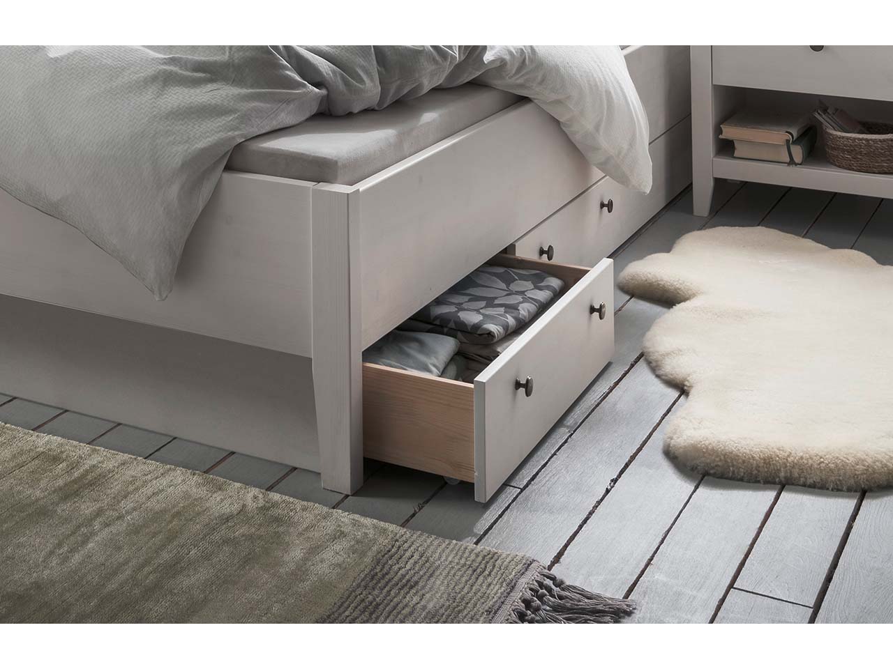 Bettschubladen "Solvita" Unterbau einseitig, 2 Schubladen, Kiefer weiß