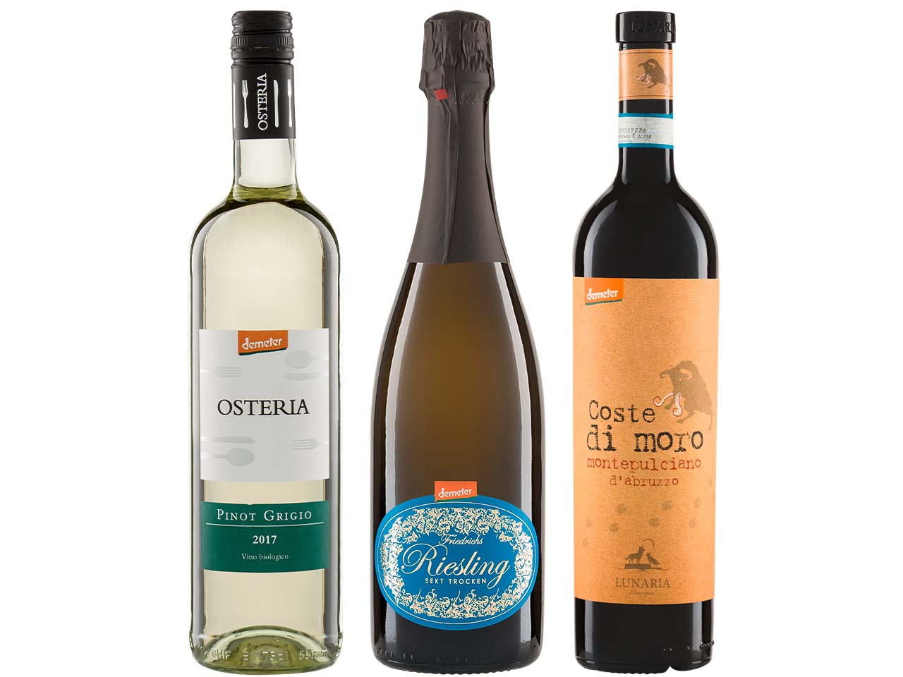 Bio-Weinpaket "demeter" 3er-Set mit Rotwein, Weißwein und Sekt, 3 x 0,75 l