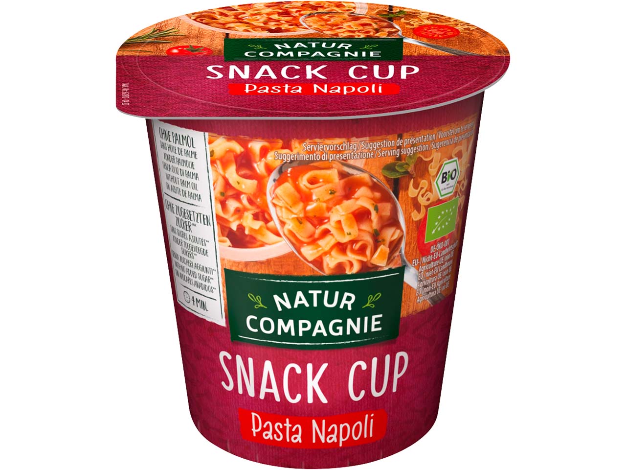 Natur Compagnie Bio-Nudeln in Tomatensauce 'Snack Cup' Pasta Napoli, 59 g