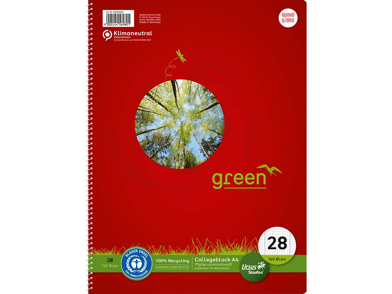 Staufen Collegeblock 'green' DIN A4 kariert, 160 Blatt, 70 g/m², Lineatur 28