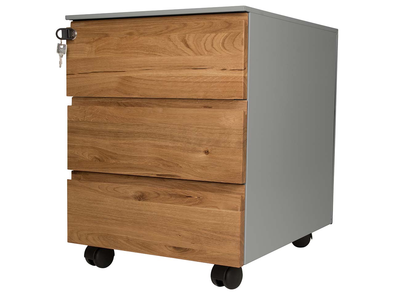Rollcontainer "CONTACT" 3 SL, soft close, Eiche geölt, B42xT53,3xH55 cm, silber