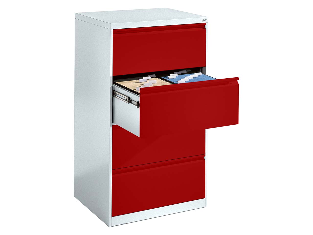 Hängeregistraturschrank zweibahnig, 4 Schubladen, lichtgrau/rubinrot