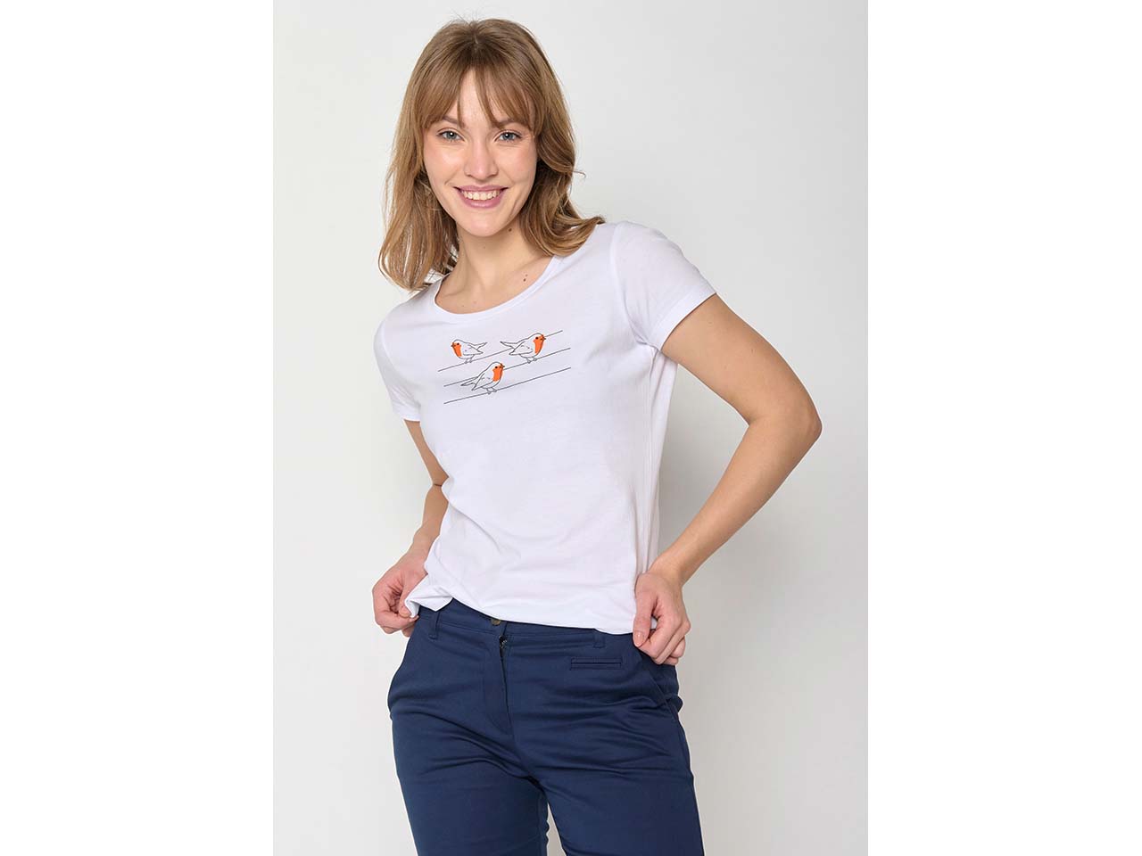 GREENBOMB Bio-Damen-T-Shirt "Birds Pole" mit Rundhalsausschnitt, white, Gr. S