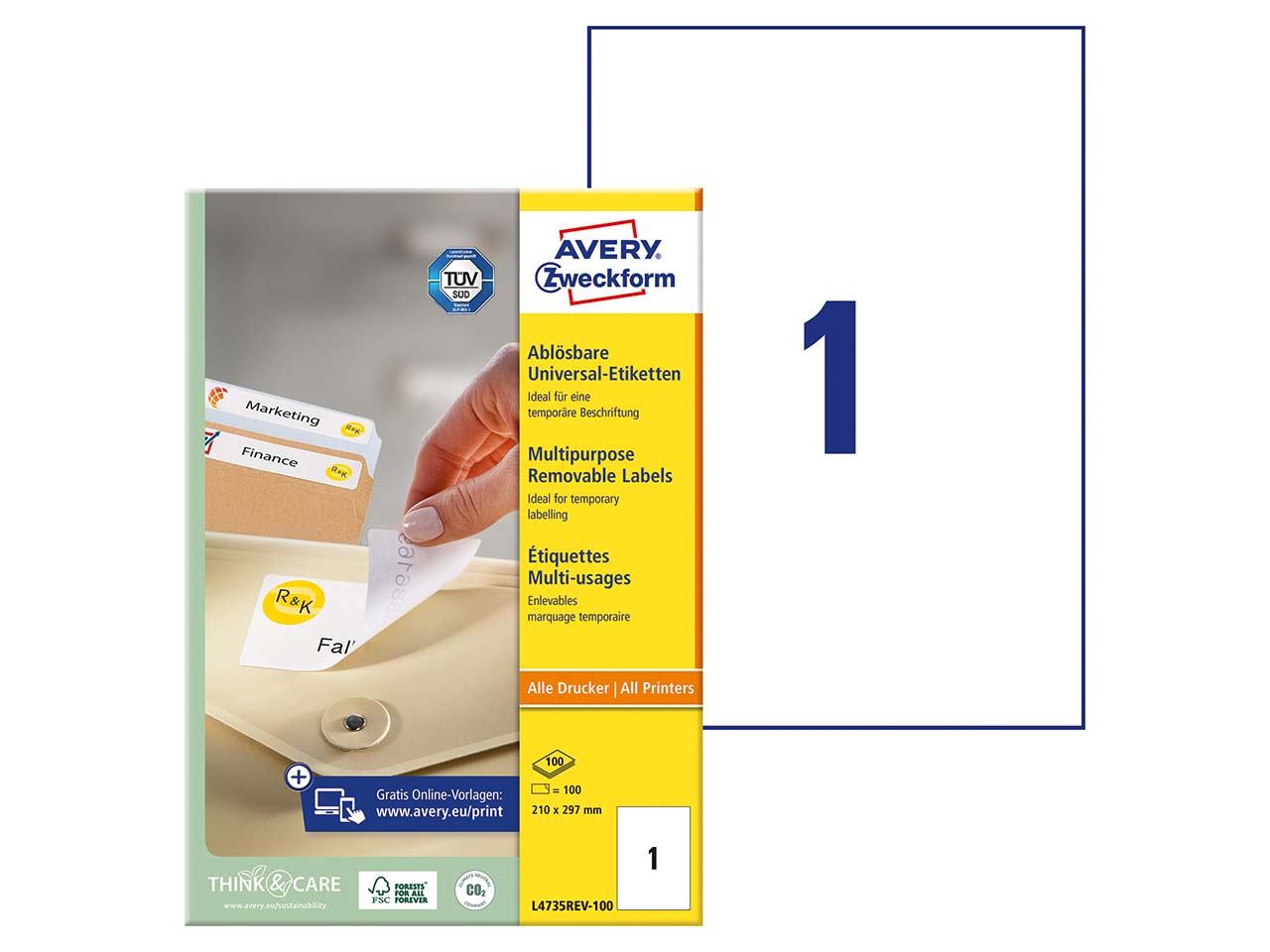 100 Avery Zweckform Universaletiketten 210 x 297 mm A4, wiederablösbar