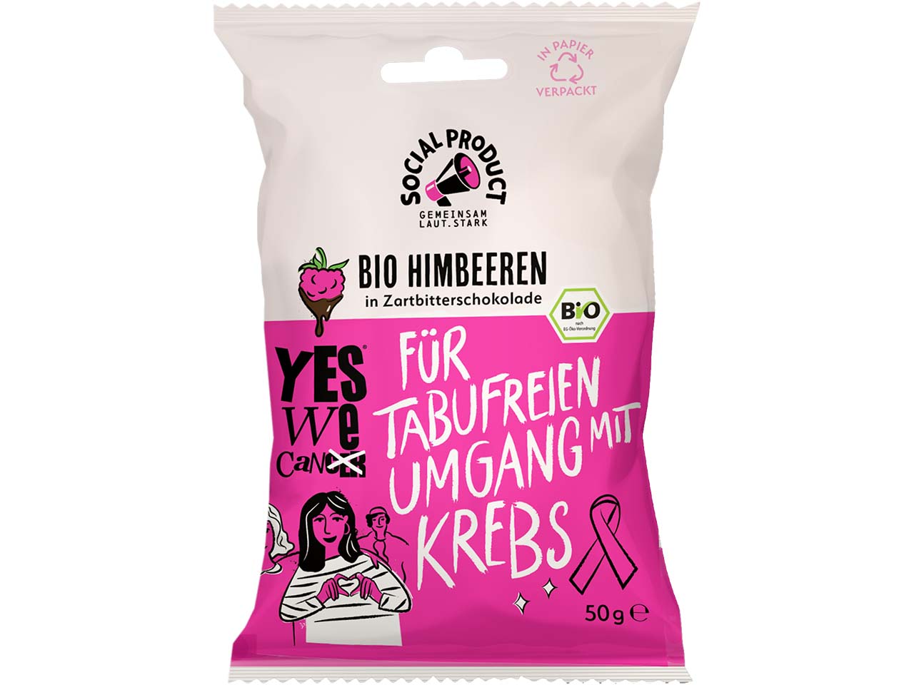 social product Bio-Himbeere in Zartbitter-Schokolade x YESWECAN!CER, 50 g