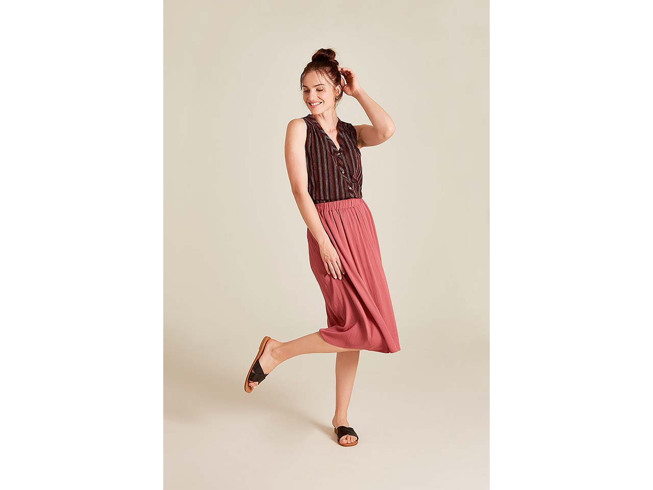 tranquillo Damen-Midi-Rock aus Crinkle-Viskose, mit Taschen, rose wine, Gr. 36
