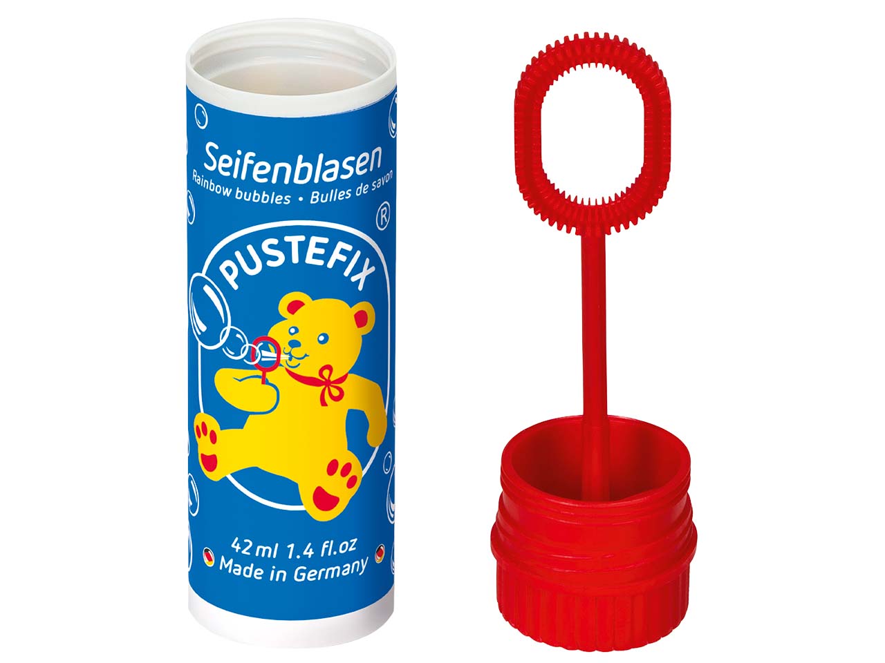 Seifenblasenspiel "Pustefixbär" Deckel farbsortiert (rot, gelb oder dunkelblau) 1 Stk.