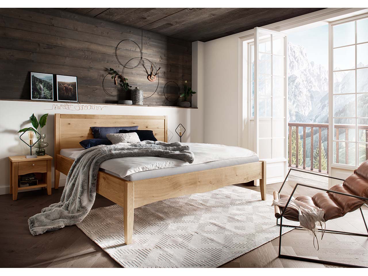 Forestales Massivholzbett "Zermatt" 140 x 200 cm, mit Kopfteil, Eiche