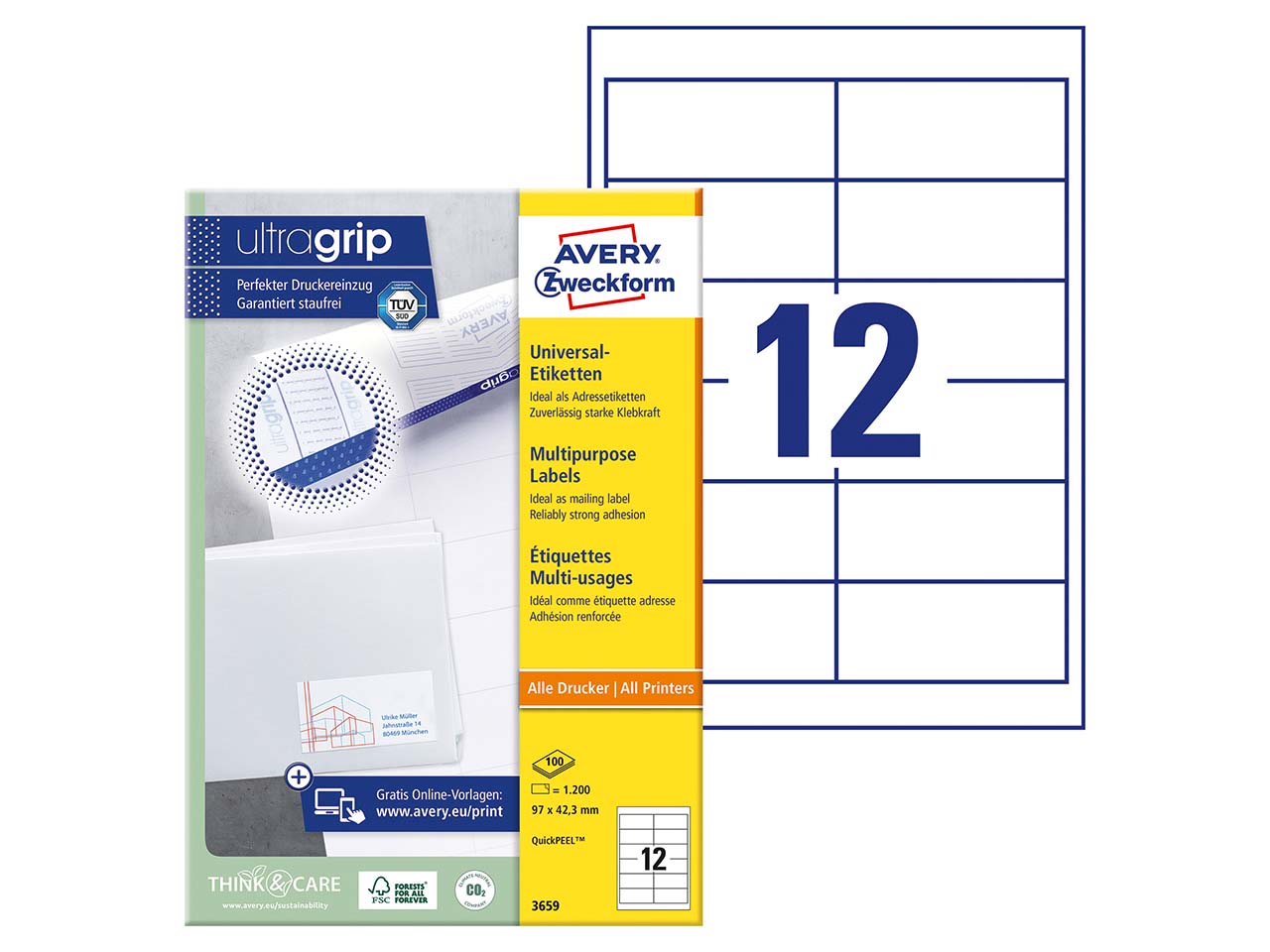 1.200 Zweckform Etiketten '3659' 97 x 42,3 mm, A4